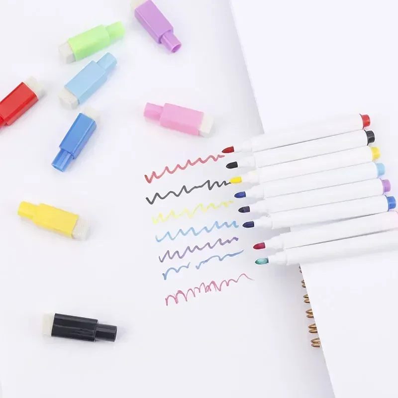 Colorido Magnetic Whiteboard Pen, Black White Board Markers, Construído em Eraser, Material Escolar, Graffiti infantil Desenho Pen, 8 pcs