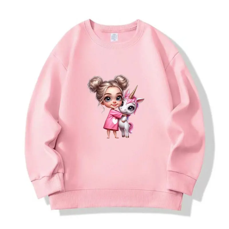 

Свитшот с графическим принтом для маленьких девочек-единорогов, хлопковые розовые топы, новинка 2023 года, осенняя модная детская толстовка для подростков 6, 8, 10, 12 лет