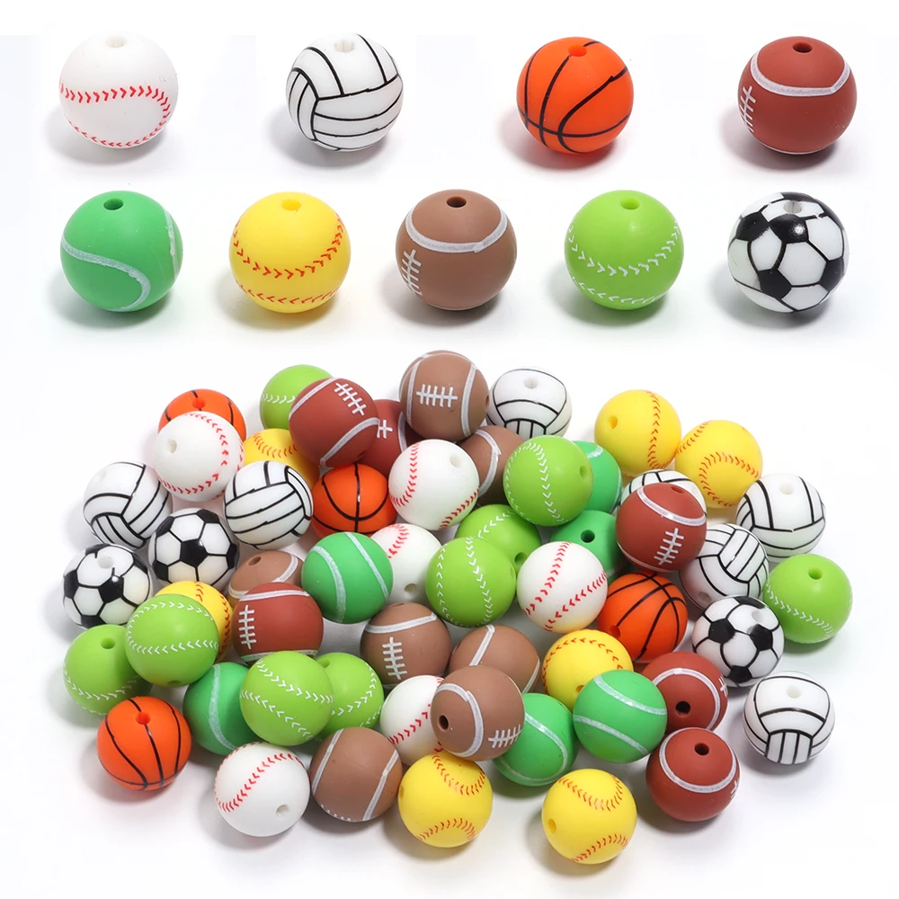 5 teile/los 15mm Farbige Silikon Runde Perlen Fußball Basketball Rugby Gedruckt Lose Spacer Perlen Für DIY Charme Armband Halskette