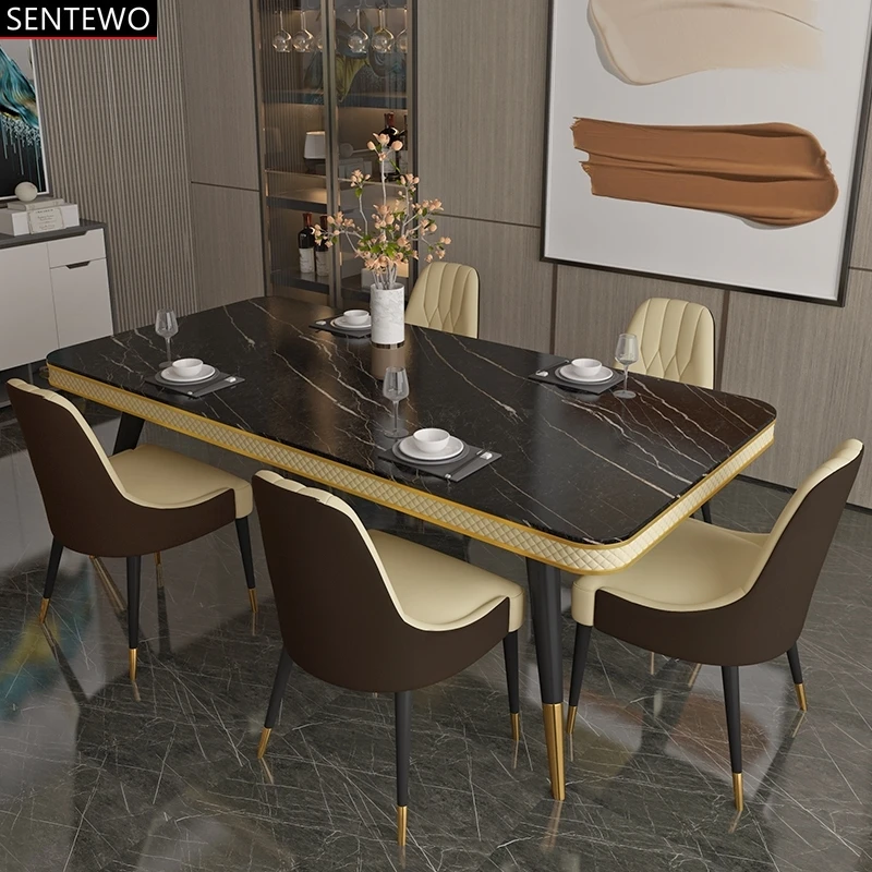 

SENTEWO Free Shipping Popular Nordic Marble Dining Table Set 6 Chairs Stainless Steel Golden Frame Dinner Room Tables and Chair