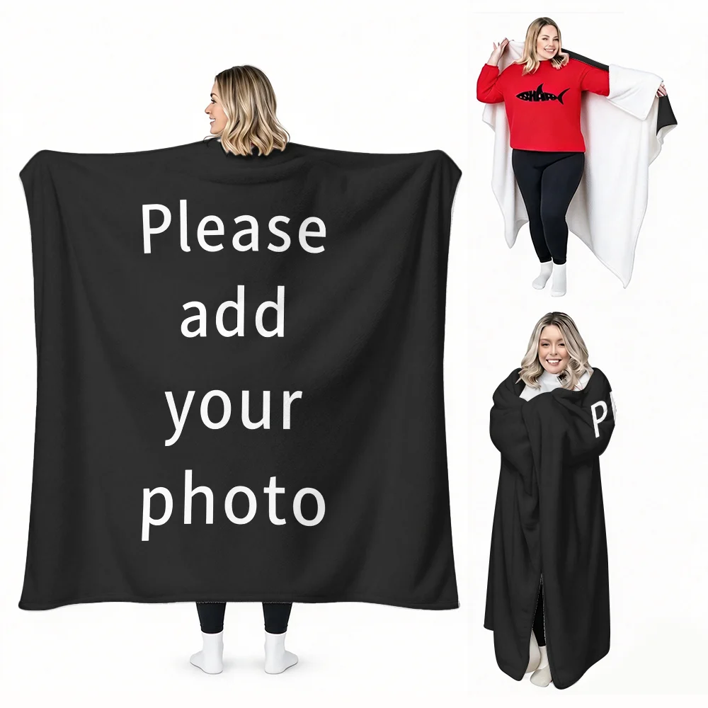 Customizable wearable blanket for staying warm in winter; warm and comfortable wearable blanket-style hoodie; unisex TV blanket