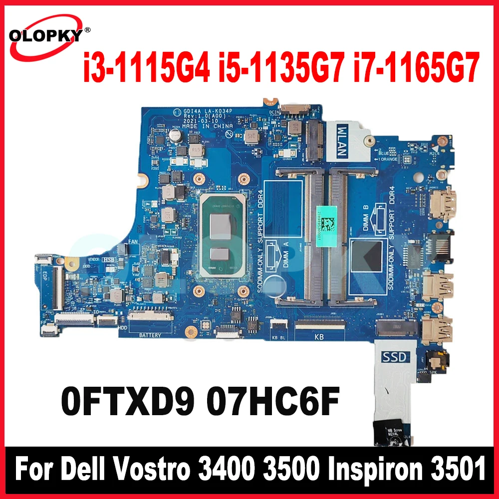 GDI4A LA-K034P مع i3-1115G4 i5-1135G7 i7-1165G7 CPU لـ Dell Vostro 3400 3500 Inspiron 3501 اللوحة الأم للكمبيوتر المحمول 100% تم اختبارها