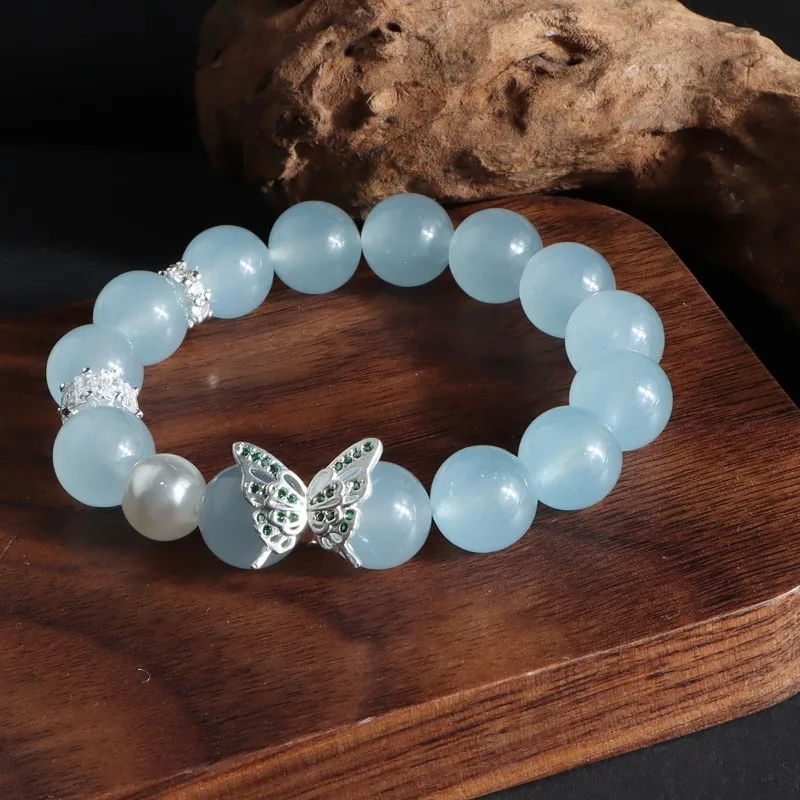 Minar Fairy Blue Natural Stone High Quality White Gray Imitation Pearl CZ Zircon Butterfly Strand Charm Bracelets for Women Girl