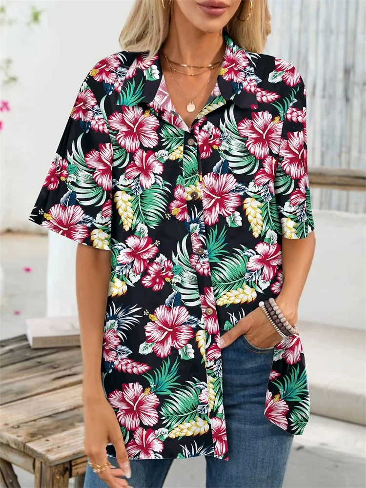 Новинка 2025 года: женская рубашка с короткими рукавами и яркими цветочными принтами — модные и повседневные летние каникулы.