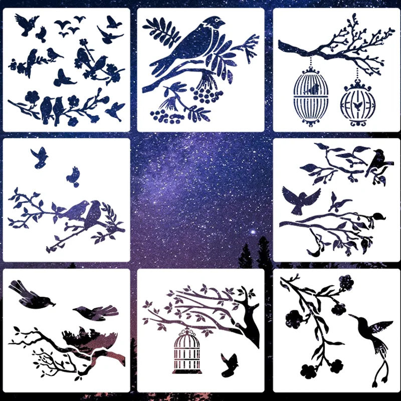 

8pcs 15*15cm Flowers And Birds Painting Template DIY Layering Stencils Scrapbook Coloring Embossing Album Decoration Reusable