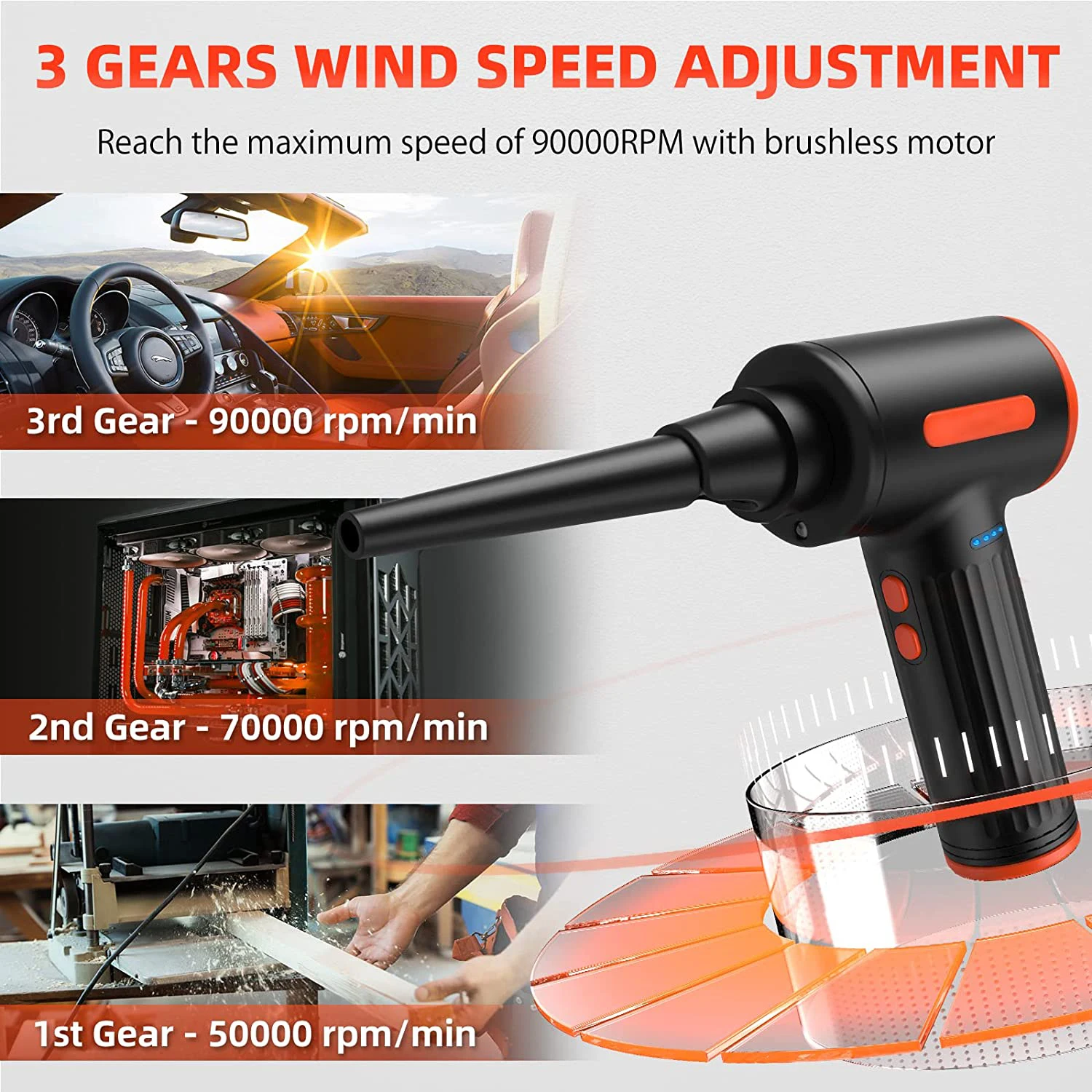 Imagem -05 - Cordless Air Blower Duster Elétrico 90000rpm sem Fio 90w Brushless Gel Gun Cleaner para pc Computador Teclado Carro de Limpeza Laptop
