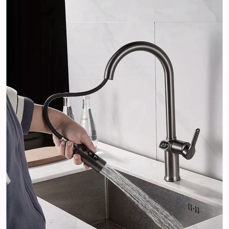 Digital Temperature  Display Pull Out Faucet Kitchen Single Handle Kitchen Sink Rotation Mixer Sprayer Hot And Cold Water Taps