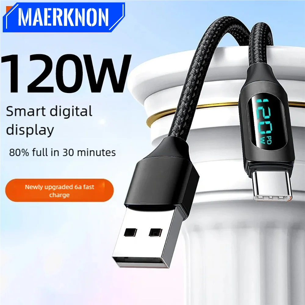 

120W 6A Fast Charging Cable USB/Type C To Type C Smart Display Nylon Cord For iPhone Samsung Xiaomi Huawei Type C Charging Wire