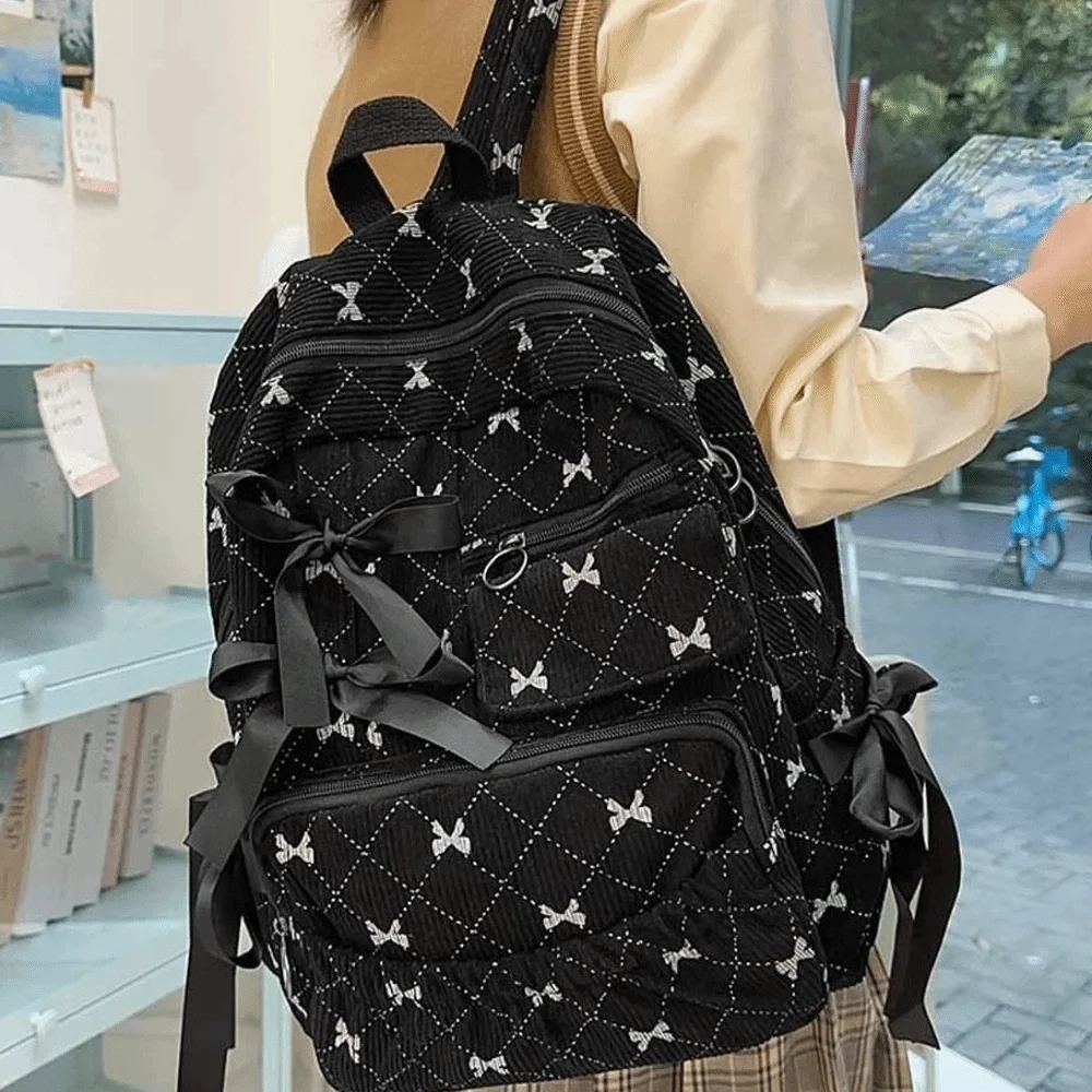 

Daypack Corduroy Bow Backpack Silk Design Casual Students School Bag Scratch Prevention Fixed Webbing Large Capacity Backpack