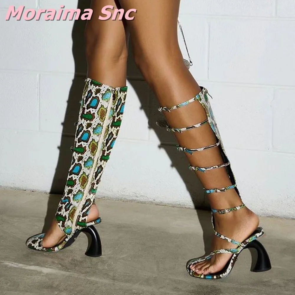 Python Pattern Belt Buckle Strap Sandals Boots Strange High Heel Open Toe Sexy Fashion Women's Summer Long Boots Runway Banquet