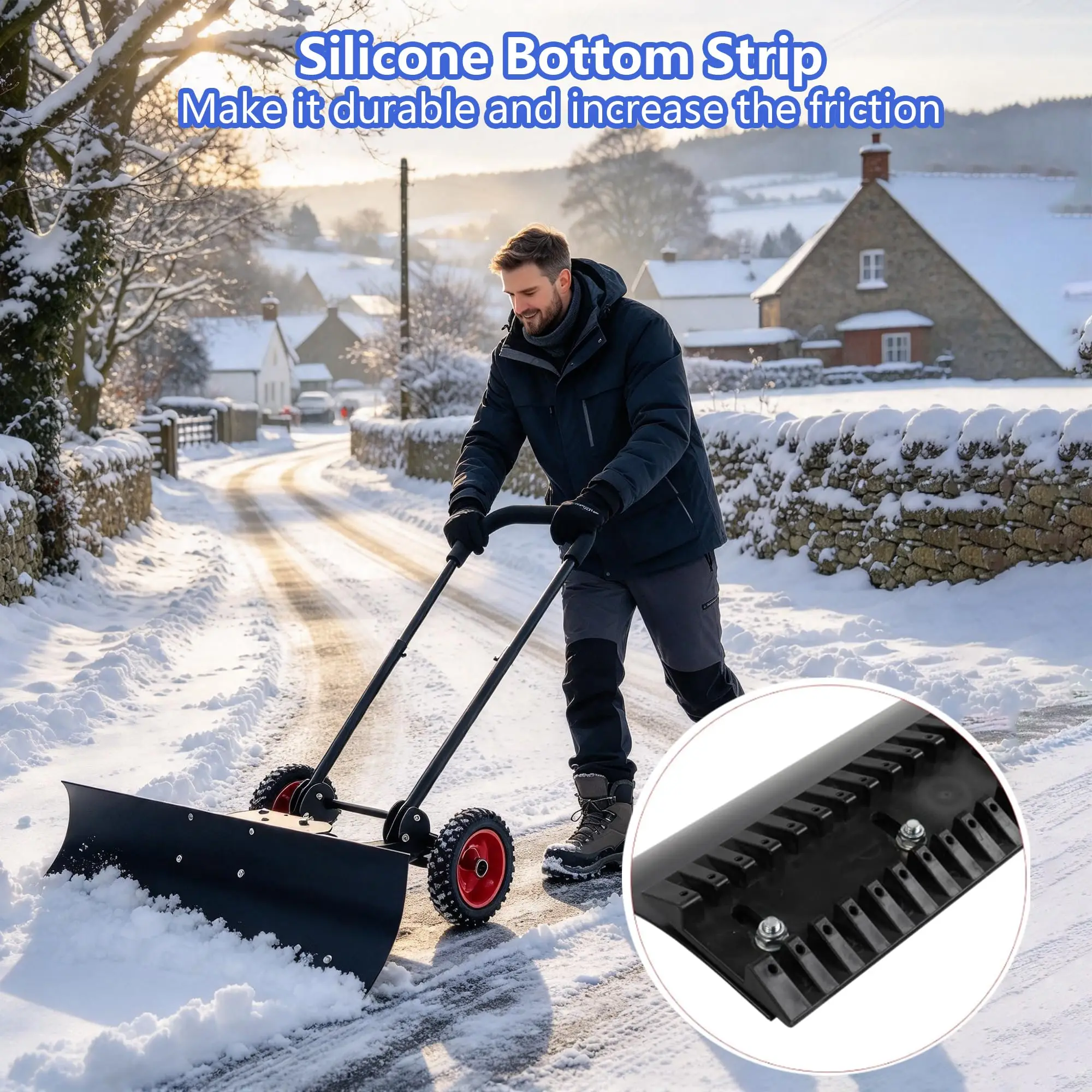 Heavy Duty Snow Pusher with Wheels, U-Shaped Steel 2-Wheel Hand Plow Shovel for Driveways, 48x10.5 Inch Blade, 7 Inch PVC Tires, Black/Red
