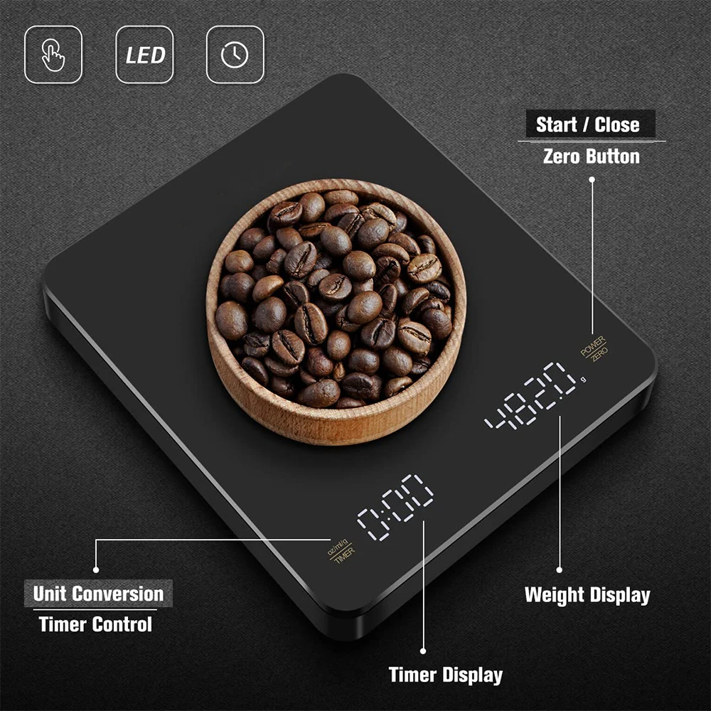 High Precision Digital Coffee Scale with Timer LED Screen 3kg Max 0.1g Increments USB Kitchen Scale for Espresso