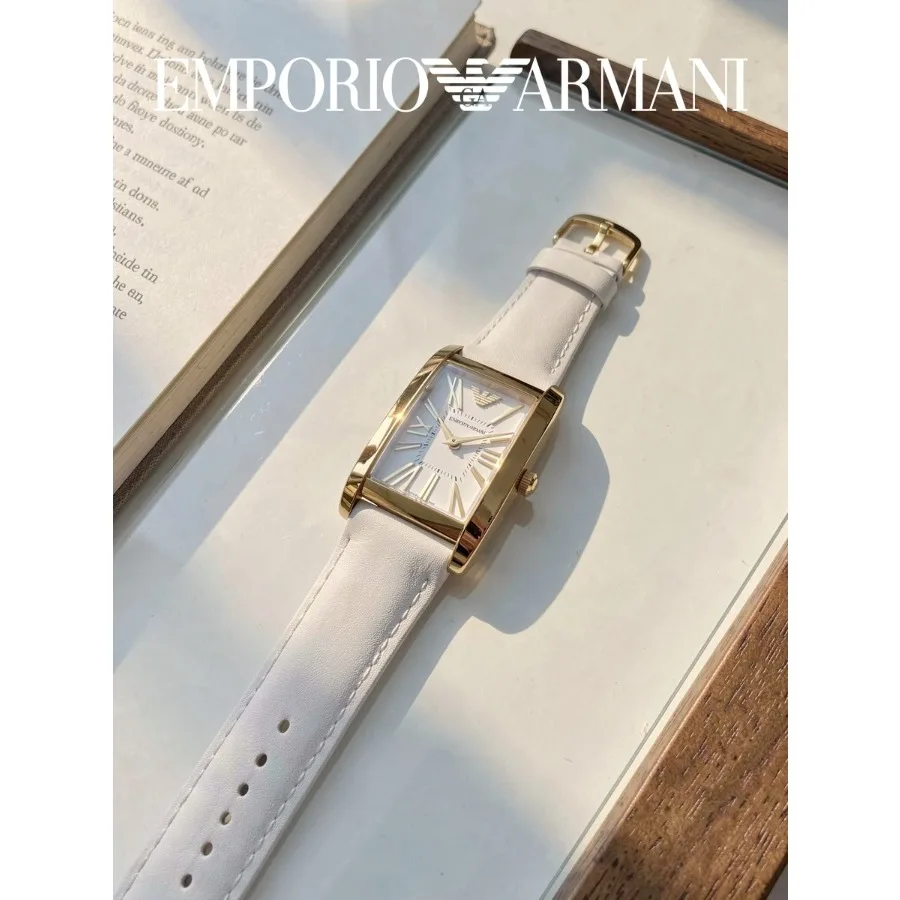 Emporio Armani Women Watch AR11408 Gold Case Rectangle White Dial White Leather Strap Quartz Wristwatch for Gift