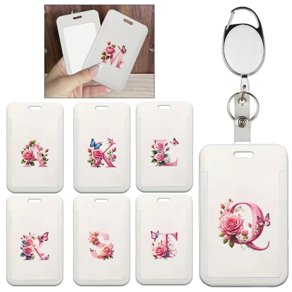 

Plastic Card Set Plastic Durable Simple ID Badge Clip With Keychain Clip Portable Pink Butterfly Initial Name 26 Letters Pattern