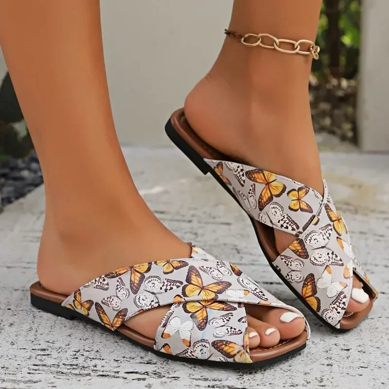 

Women's Square Toe Slippers Retro Open Toe Flat Casual Beach Shoes for Women Outdoor Light Women's Slides Shoes Female Sandals