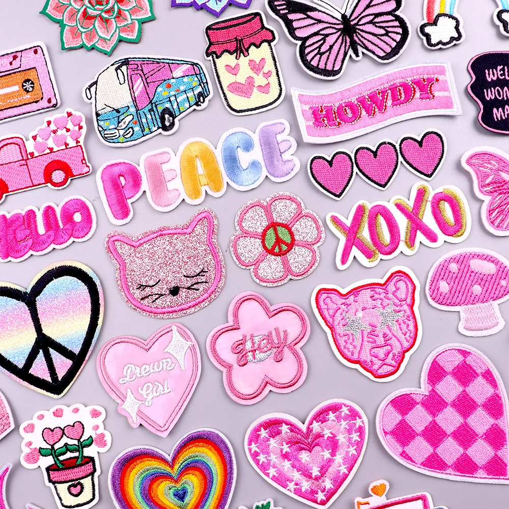 

Pink Style Applique DIY Cartoon Letters Iron On Embroidered Patches For Clothing Thermoadhesive Patches On Clothes Sewing Patch