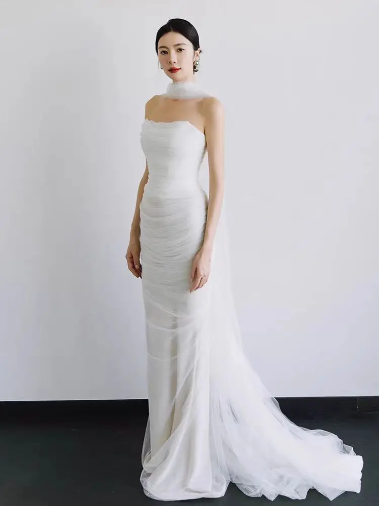 

Ele White Satin Wedding Dr Princ Sle Bridal Gown with Train for Wedding Reception Evening Par Outfits
