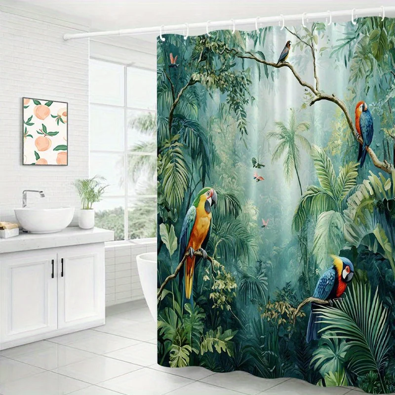 1pc a Vibrant Shower Curtain Depicting Lush Tropical Rainforest Scenes, Showcasing Bright Blue And Yellow Macaws Resting on Bran
