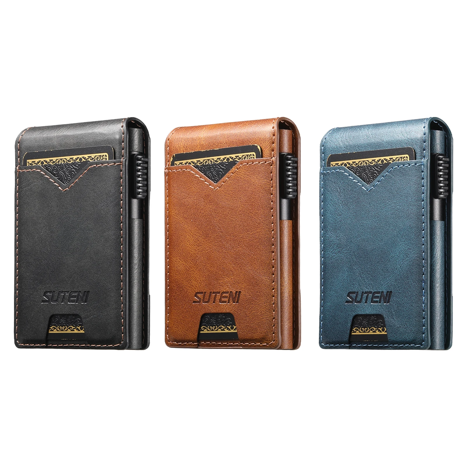 محفظة من الجلد الصناعي من SUTENI للرجال، محفظة بفتحة للبطاقات، غطاء قلاب، صندوق بطاقات، اضغط على الزر تلقائيًا، يخرج البطاقة #6