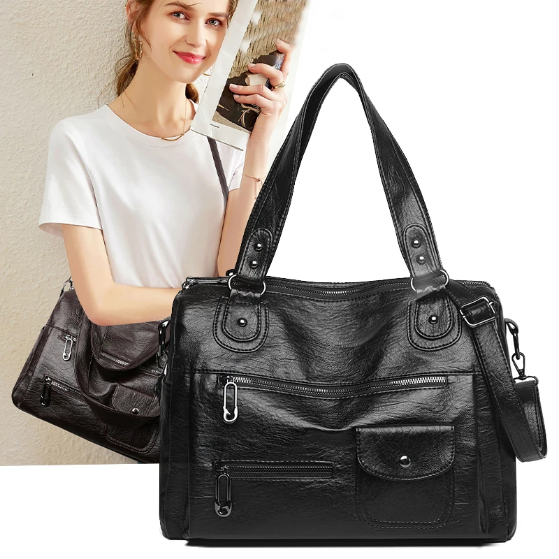 Modische Damen-Umhängetasche aus weichem Leder, große Kapazität, mehrere Außentaschen, abnehmbarer Riemen, Crossbody-Handtasche für den Alltag – Detail 1