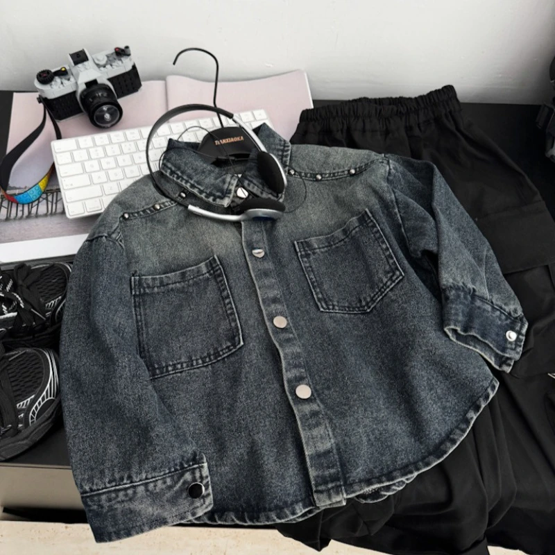 

2025 Autumn Casual Rivet Heavy Industry Children's Design Street Style Dark Denim Jacket