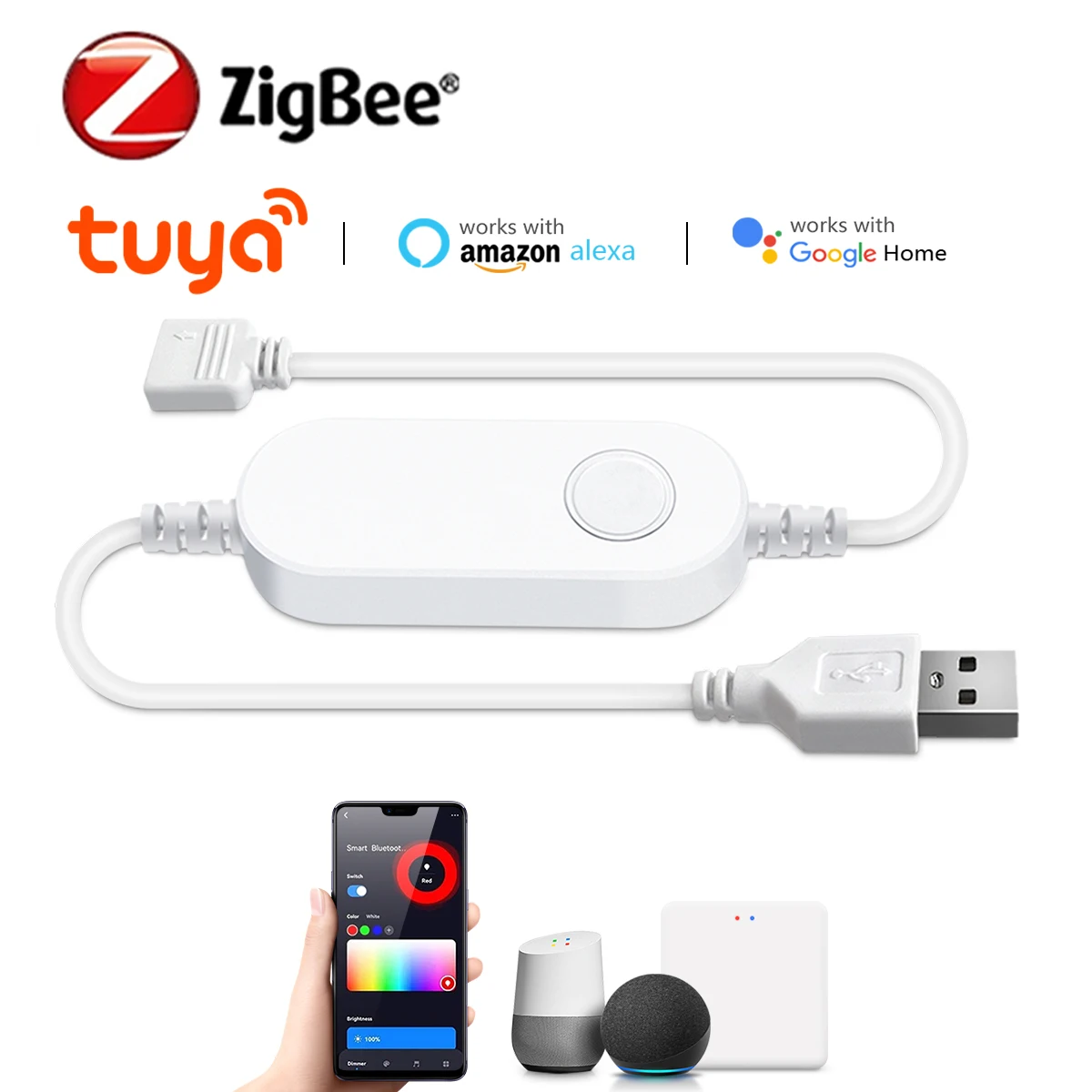 Zigbee Smart Switch USB Cable Power RGB/ Single Color LED Light Button Switch Work With Tuya Smart Life Alexa Google Home