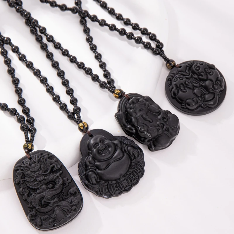 1Pcs Chinese Style Necklace Pendant Amulet Prayer Fortune Necklace Dragon Pixiu Happy Buddha Necklace Daily Jewelry