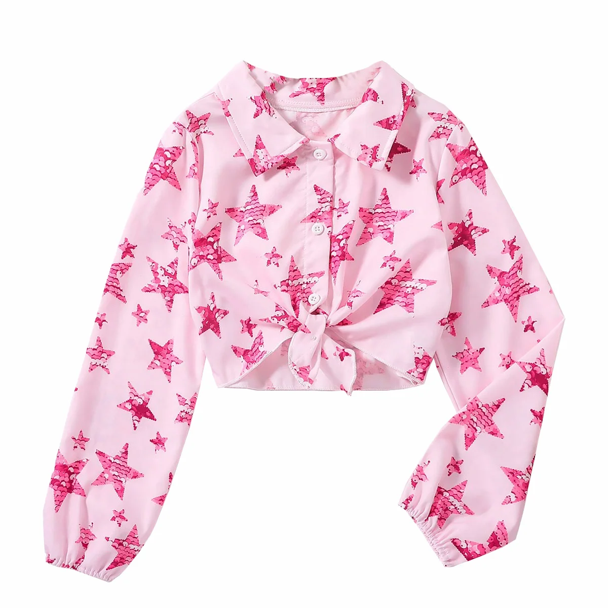 Fashion Girl T Shirt Knot Star Print Teenager Girl Clothes Blouse Long Sleeve Rock Roll Style Kid Clothing Children Outfit Plus