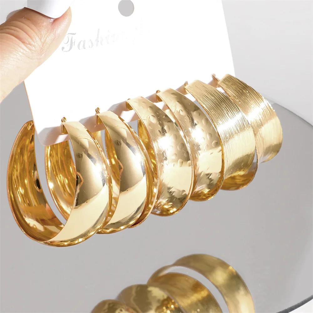 Big Gold Plated Textured Metal Circle Hoop Earrings Set for Women Vintage Geometric Hammered Exaggerated Female Commute Jewelry