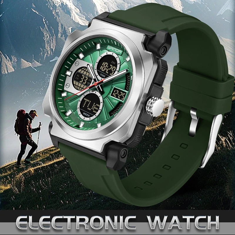SANDA 3377 Leisure Dual Display Men's Watch Sports Multi Functional Waterproof Luminous Fashion Quartz Watches for Men Relojes
