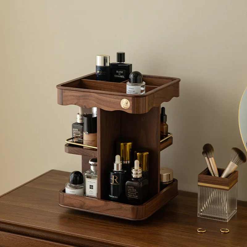 

Cross-border wooden cosmetics storage box, premium rotating storage rack, skin care products, perfume, dresser, three-layer rack