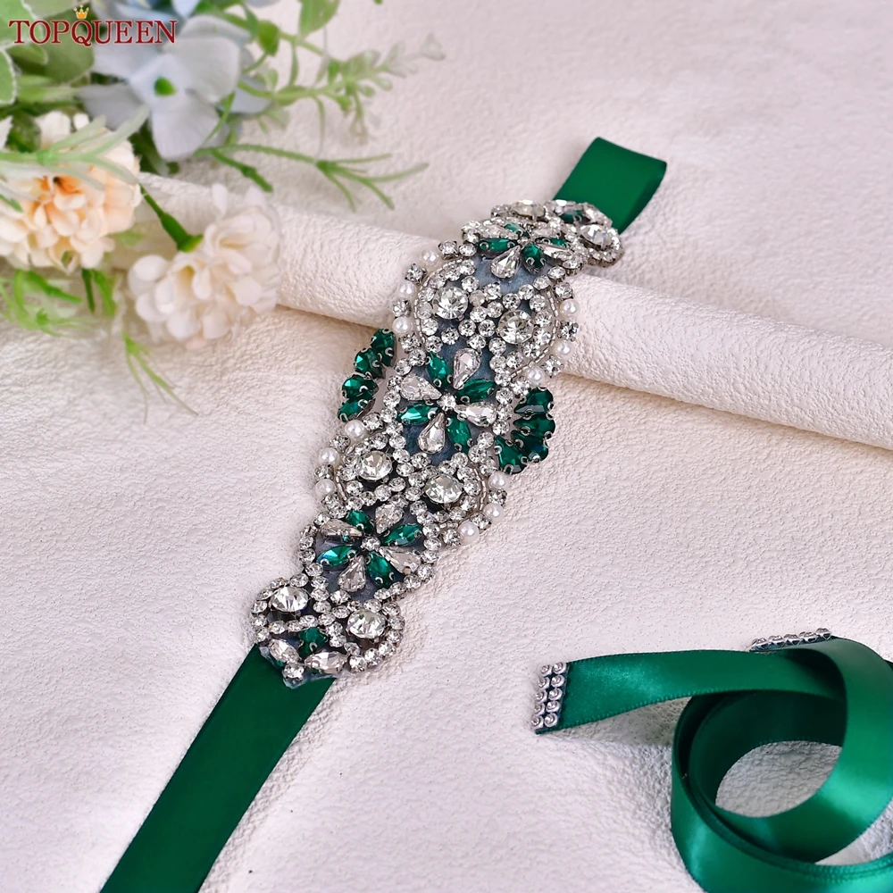 TOPQUEEN Formal Dress Ribbon Belt Green Glass Rhinestone Patch Belt Suitable for Bridal Wedding Dress Prom Dress Accessories