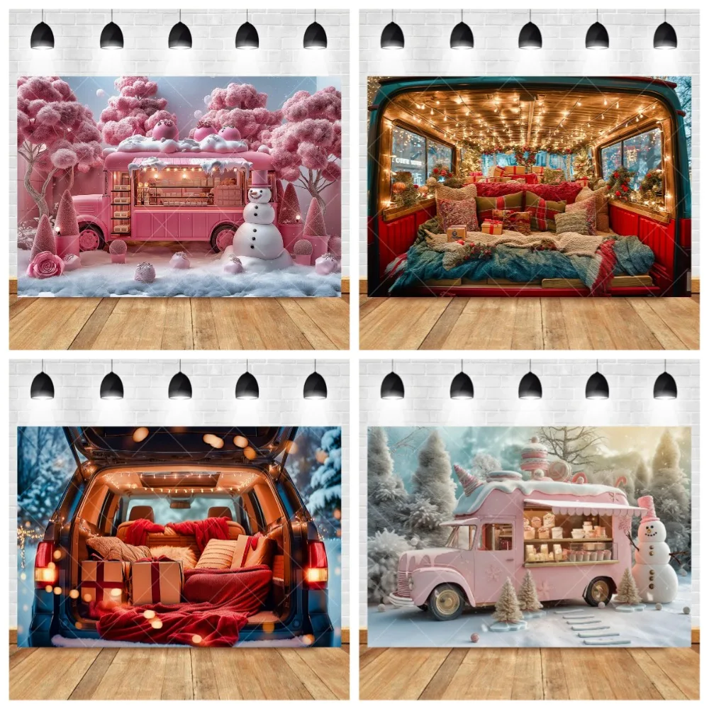 

Christmas tree, car gift, cute snowman banner background, adult family gathering party, children room poster decoration Backdrop