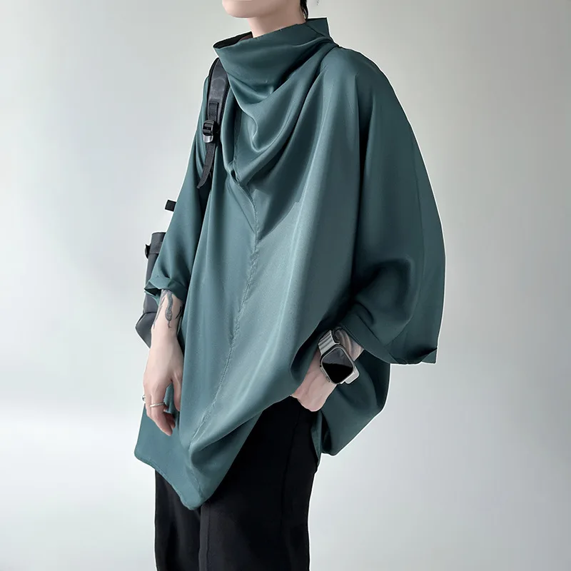 

2026 Men Shirt Solid Color Turtleneck 3/4 Sleeve Korean Casual Men Clothing Streetwear Loose Fashion Irregular Shirts