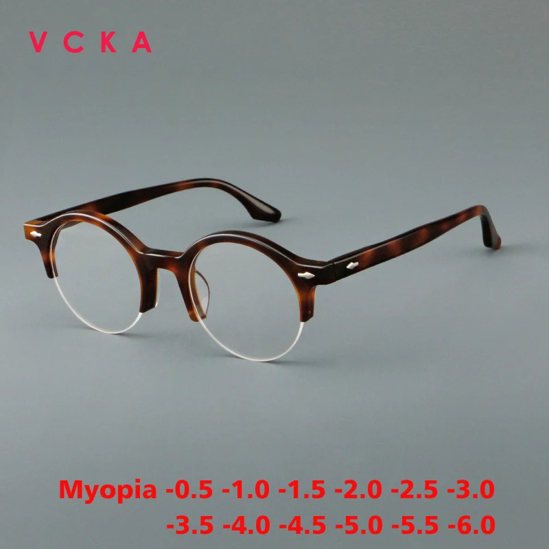 VCKA Men's Anti Blue Light Myopia Acetate Glasses Retro Metal Half-Rim Frames Woman Prescription Custom Eyewear -0.5 TO -6.0