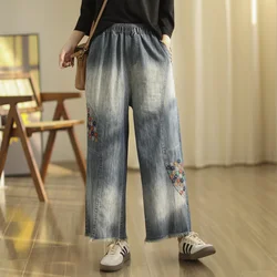 Bohemian Jeans for Women Spring Summer Japanese Style Floral Embroidery Denim Straight-leg Pants with Fringes