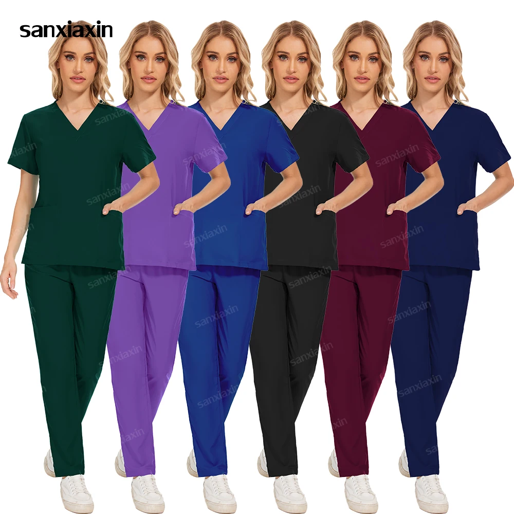 Scrubs Medical Uniforms Women Nurse Uniform Thin Breathable Medical Scrub Tops Elastic Scrubs Pants Doctor Workwear Spa Overalls