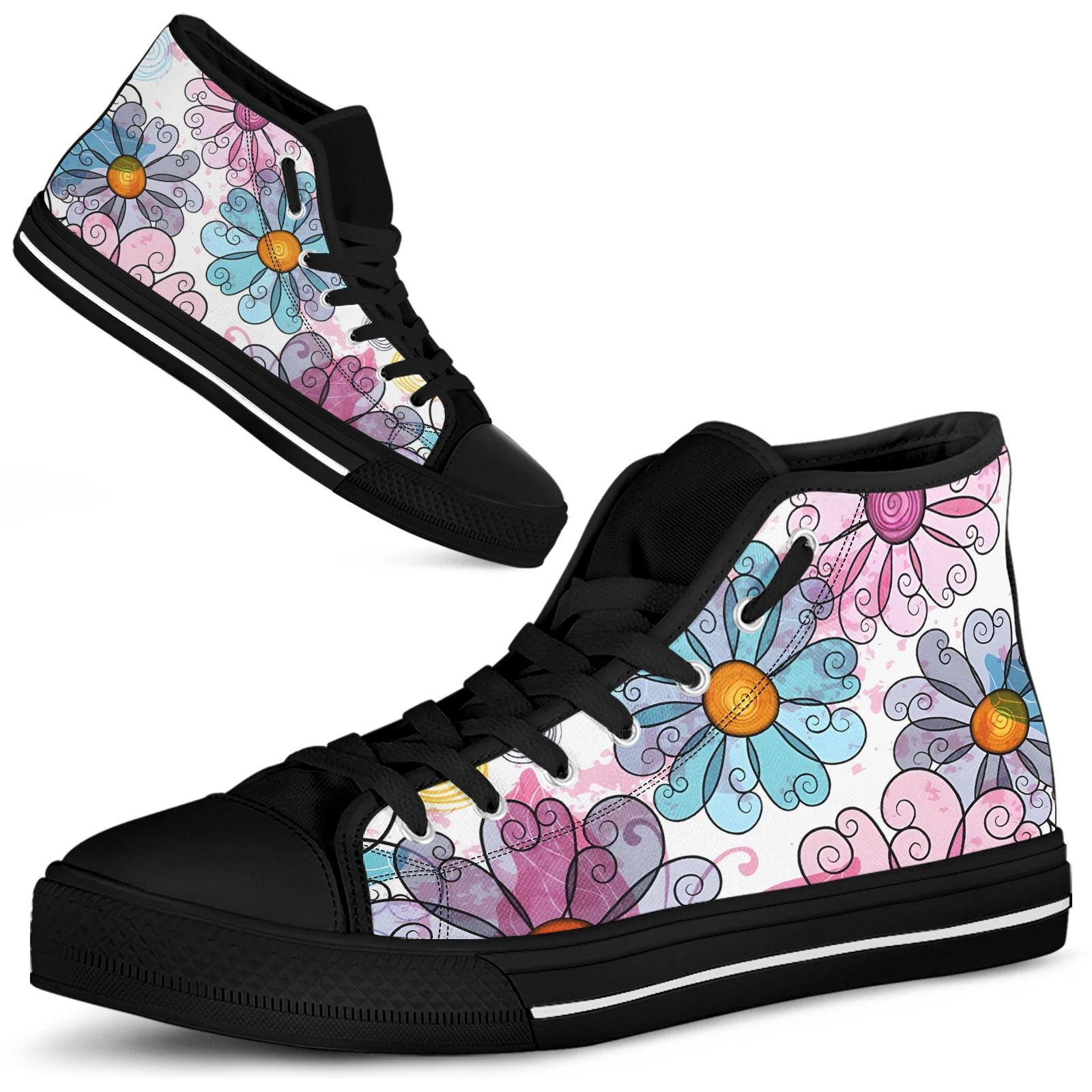 ELVISWORDS Fantasy Abstract Art Flower Print Sneakers For Women Comfortable Lace-up High-top Canvas Shoes Soft Sole Floral Shoes