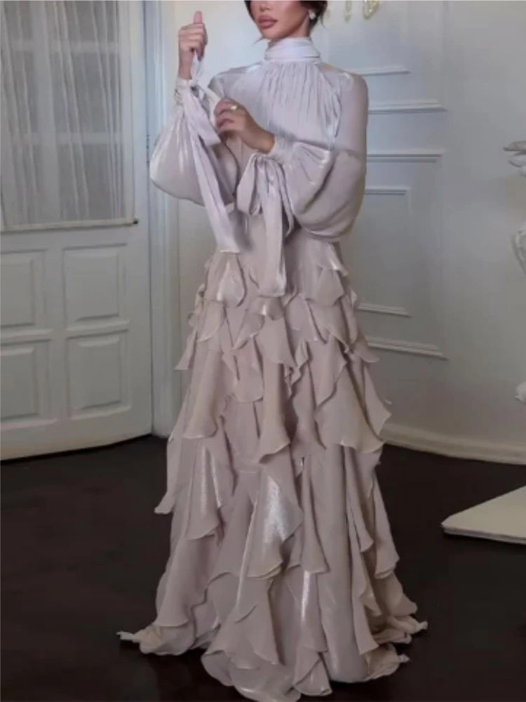 

Pleated Multi-layer Ruffles Floor Dress Women Bow Collar Long Sleeve High Waist Shinny Evening Fold A-line Dresses Autumn Robe