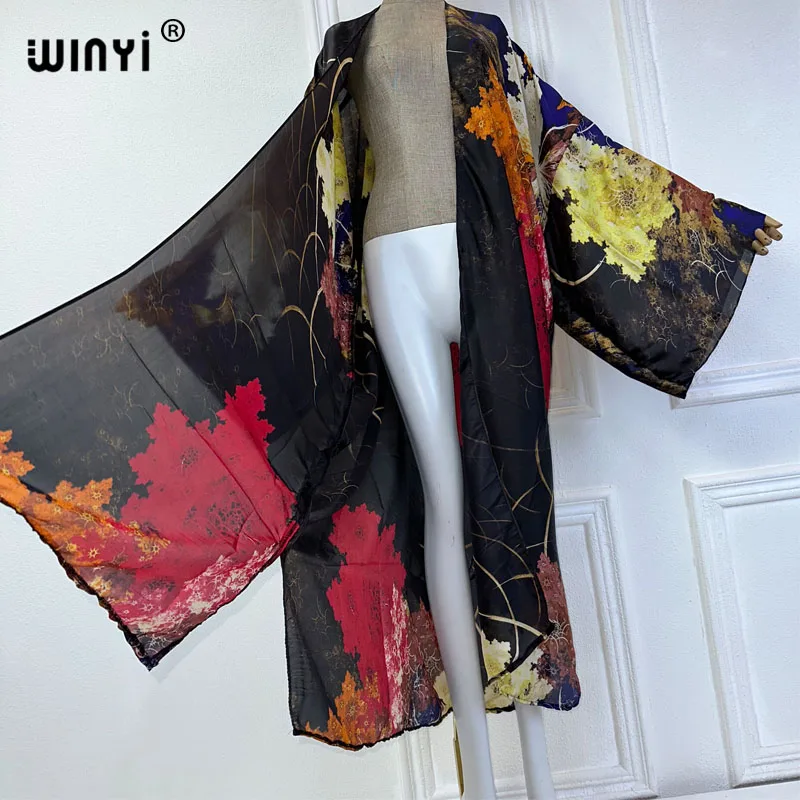 WINYI 2024 letnie kimono kostium kąpielowy z nadrukiem boho okrycie plażowe elegancka afrykańska sweter damski boho seksowna wakacyjna jedwabna