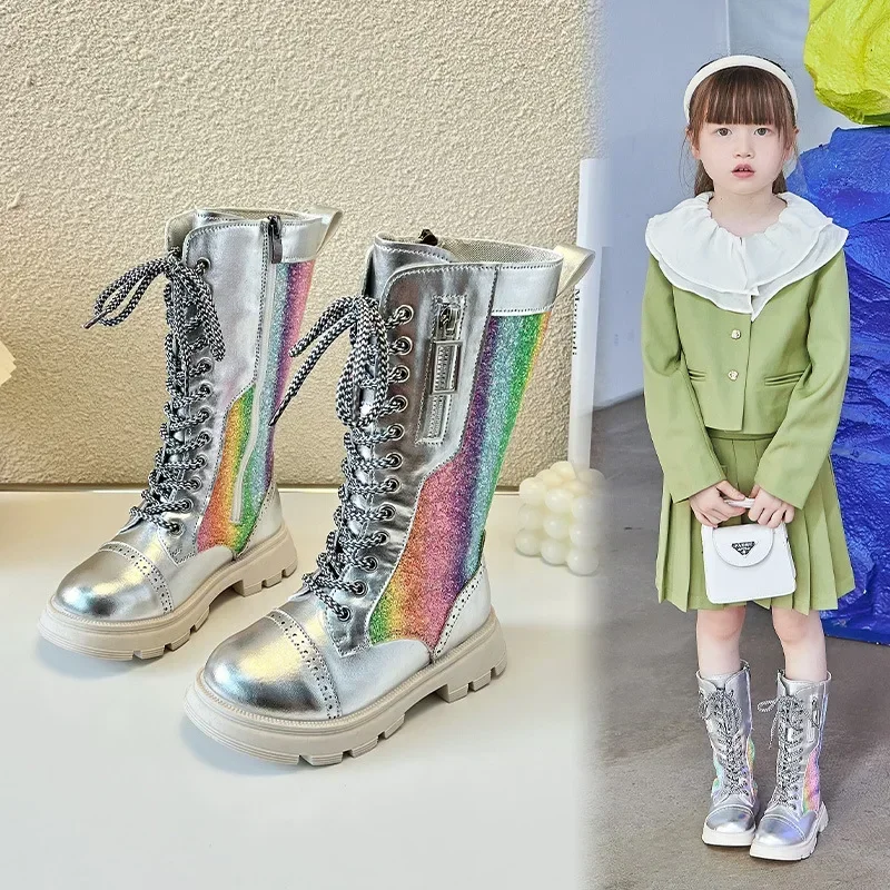 Botas Mujer Kids Mid-calf Boots Autumn New Colorful Girls Boot Breathable Soft Sole Platform Boots Princess High Top Girls Shoes