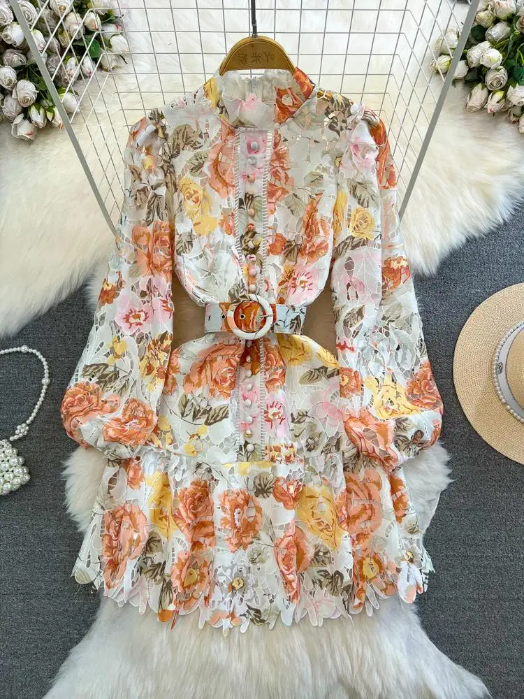 

High Quality Vintage Hollow Out Lace Floral Embroidery Party Dress Women Stand Collar Lantern Sleeve High Waist Mini Dress Robe