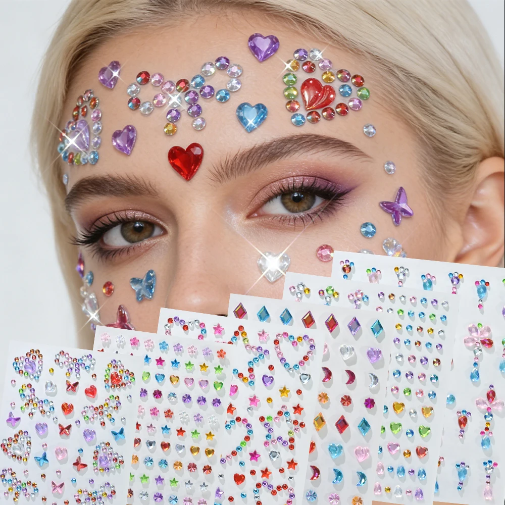 6 Stück/Set 5D gemischte bunte Diamant-Gesichtsstein-Aufkleber, glitzernde Sterne/Herzen/Blumen/Tropfen-Design-Strass für Augen/Gesichtsaufkleber – Detail 1