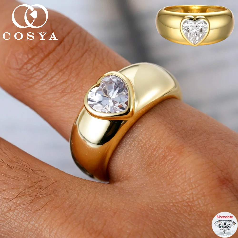 COSYA 1.2CT 7mm Heart Moissanite Rings for Women S925 Silver Plated 18K Gold Solitaire Sparkling Wide Wedding Band Fine Jewelry