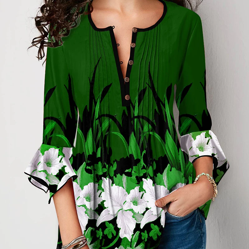 2021 cropped cuff cuff casual comfortable V-neck shirt printed lotus sleeve 7 minutes of sleeve T-shirt