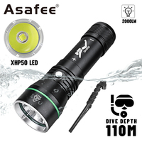 Asafee 110M Deep Diving Flashlight 2000 LM XHP50 LED Scuba Flashlight Press Switch Exploration Torch Dive Torch Hand Lamp
