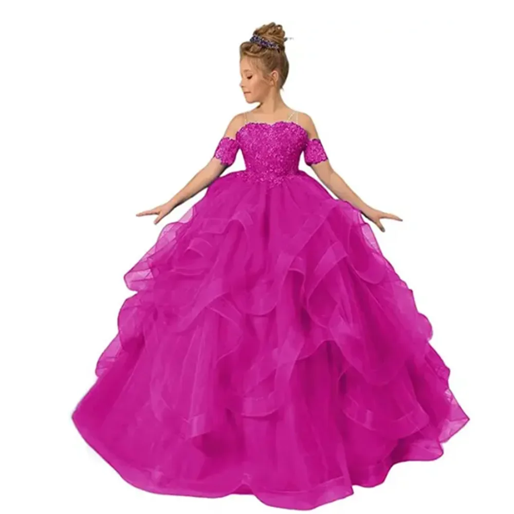 Elegante inchado vestido da menina de flor tule em camadas apliques manga curta para festa aniversário casamento banquete vestidos princesa banquete