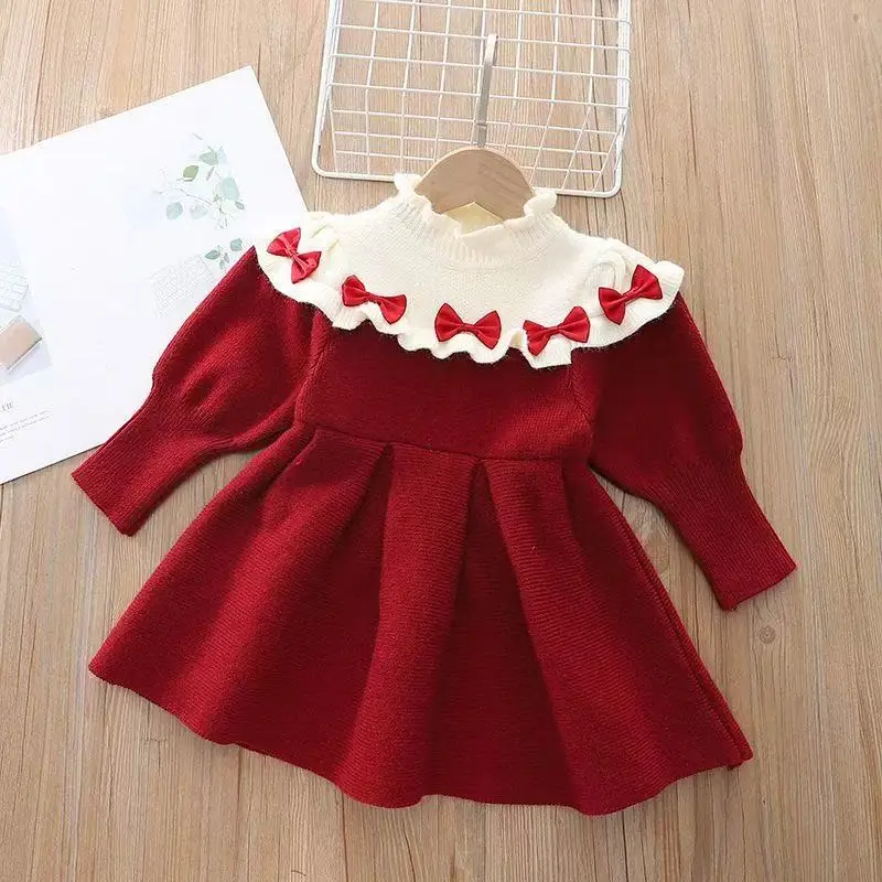 

2026 New Baby Girls' Sweater Dress Autumn And Winter Children's Red Cute New Year Knitted Long Dress Fashion Christmas Dress