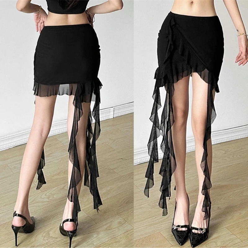 

Womens High Waist Mesh Ruffle Trim Bodycon Short Skirt Aesthetic Asymmetrical Ribbon Fringed Package Hip Black Skirts