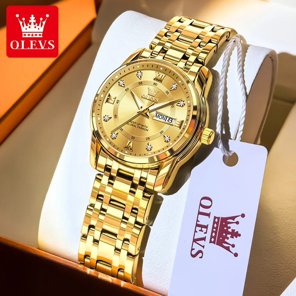 

OLEVS Best Selling Fashion Stainless Steel Quartz Ladies Watch Luxury Dual Calendar Luminous Waterproof Elegant Watch for Women